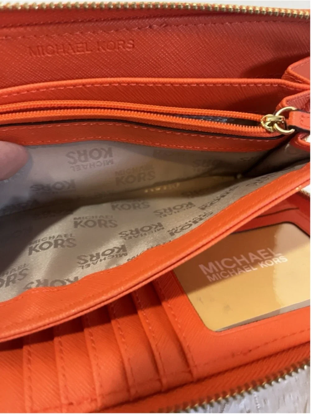 Michael Kors Center Stripe Travel Continental Wallet/Wristlet in Natural/Orange